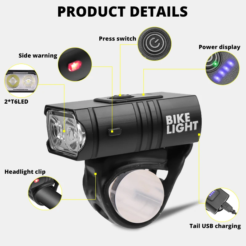 Велосипедный фонарь T6 светодиодный перезаряжаемый от USB водонепроницаемый IPX5