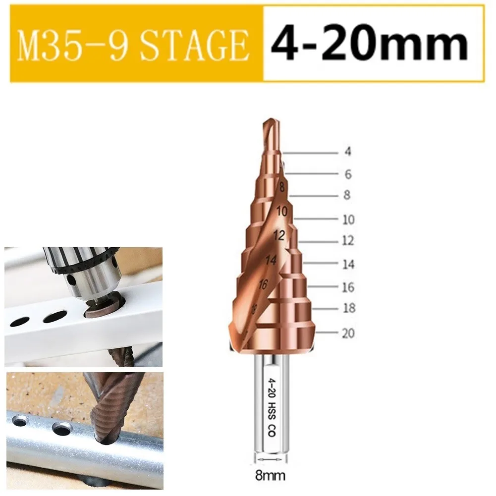 

M35 HSS-CO Step Drill Bits 4-20mm Metalworking Spiral Groove 1/4'' Hex Shank Stainless Steel Tapping Cobalt Plating Step Drill