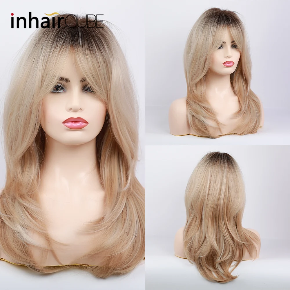 

Inhaircube Long Ombre Brown Honey Blonde Straight Hair Wig Synthetic Wigs Heat Resistant with Bangs for Black Women Free Hairnet