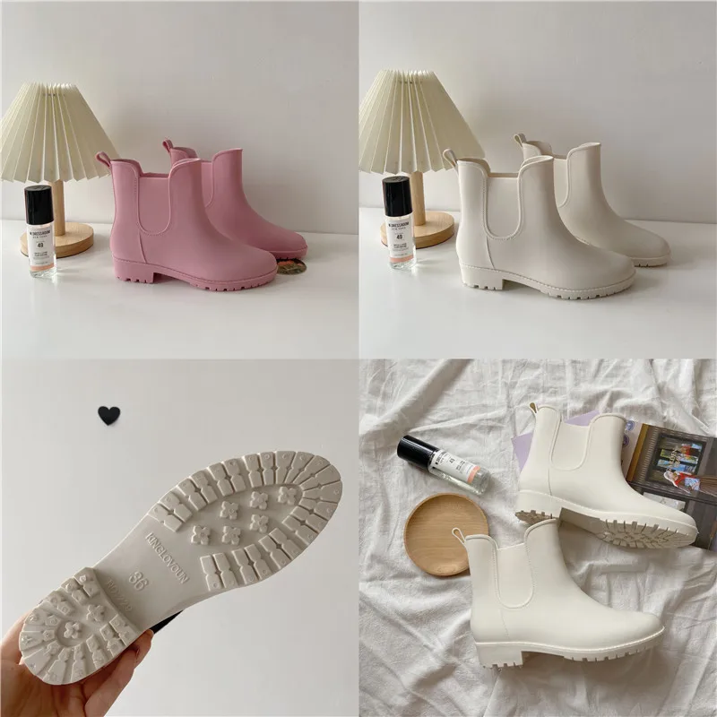 Fashion Ankle Rain Boots Women Rubber Waterproof  Spring/Autumn Rainboots Ladies Non-Slip Shunt Women's Plush Warm Shoes