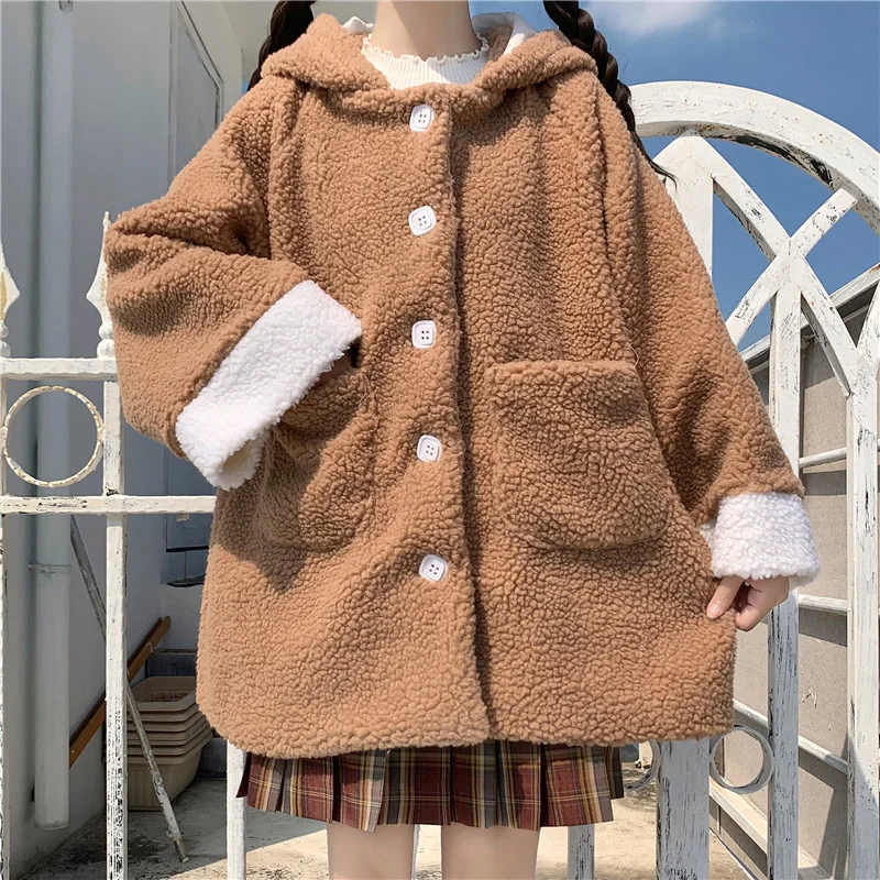 Winter Kawaii Girl Teddy Jacket Cute College Style Single Breasted Loose Thicken Warm Coat Women Fluffy Lamb Faux Fur Overcoat