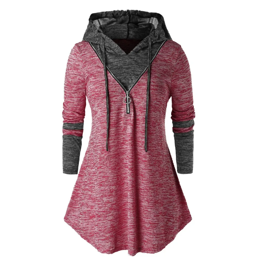 Женская блузка размера плюс с длинным рукавом капюшоном на молнии рубашка для