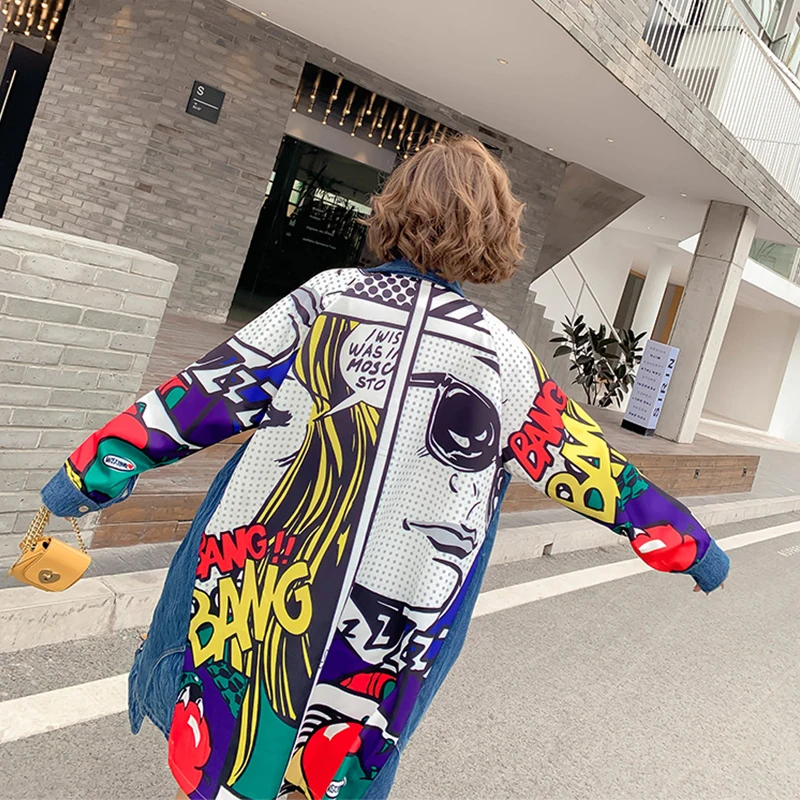 Весна-Осень 2021 женские длинные свободные джинсовые пальто с мультяшным принтом |