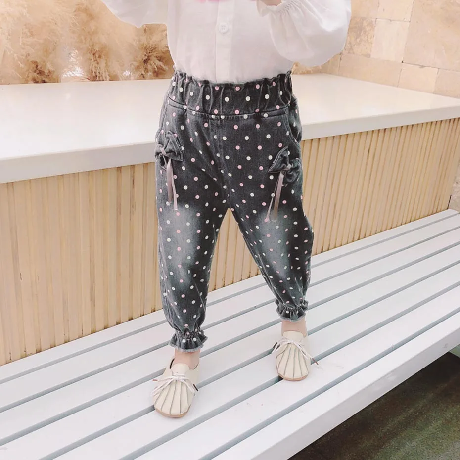 Джинсы для девочек с узором в горошек детские джинсы бантом одежда маленьких от 12