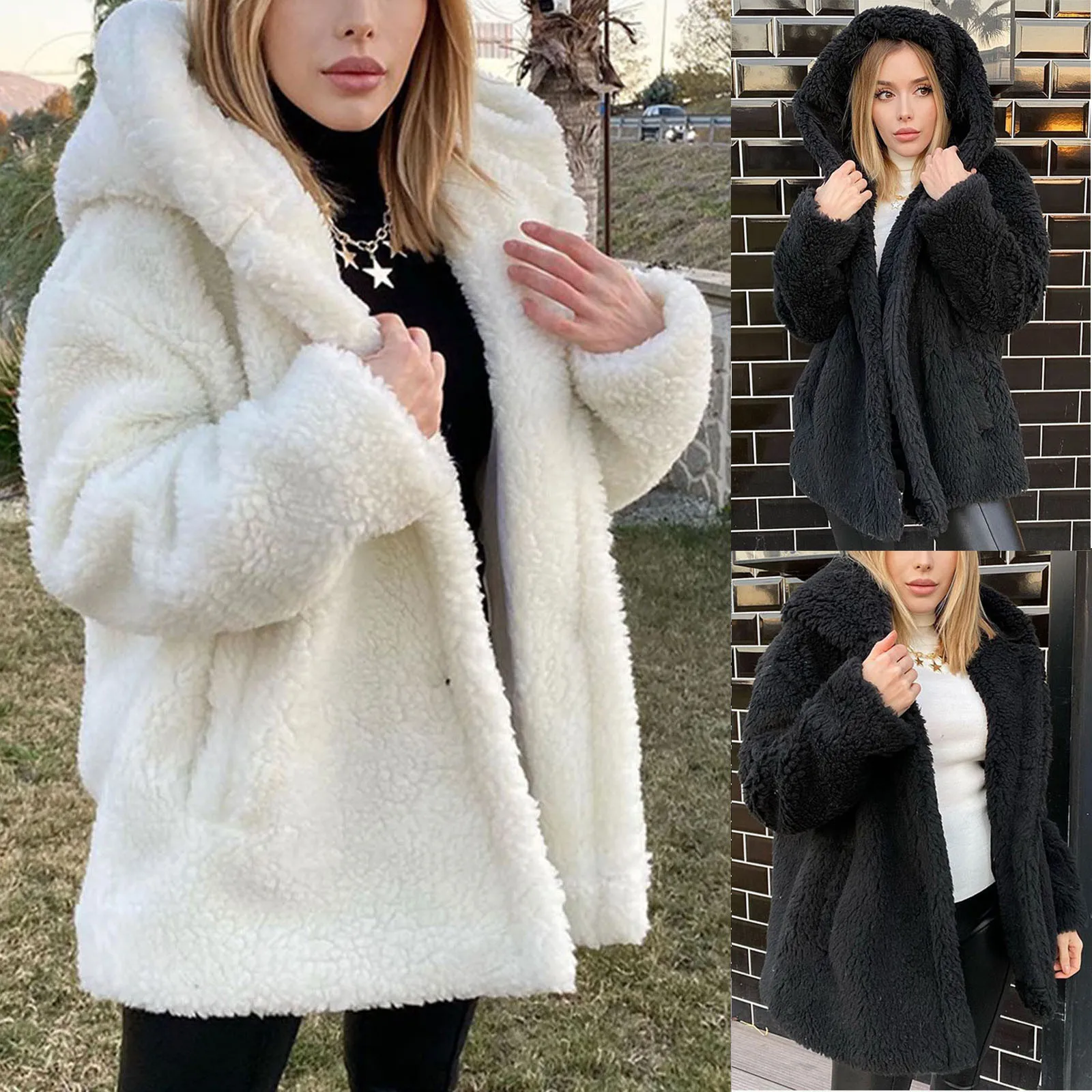 

Women Mid-length Faux Fur Warm Jacket Fashion Pure Color Long Sleeve Cardigan Plush Casual Coat Autumn And Winter All-match Coat