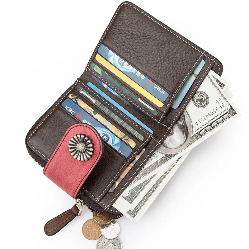 

OYIXINGER Retro Women Wallet Genuine Leather Short Wallets For Female Vintage Coin Purse Ladies Two Folds Card Holder For Women