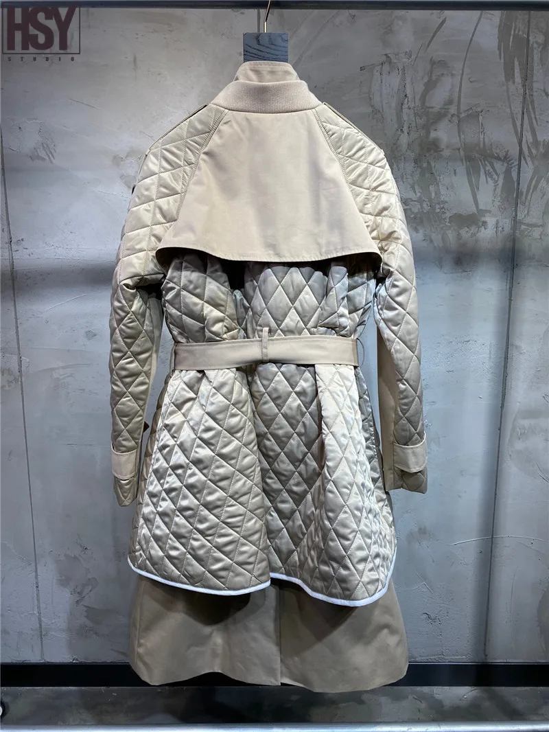 【HSY】2019 Осень Зима Новая Женская Хаки стеганая куртка с поясом клетчатая