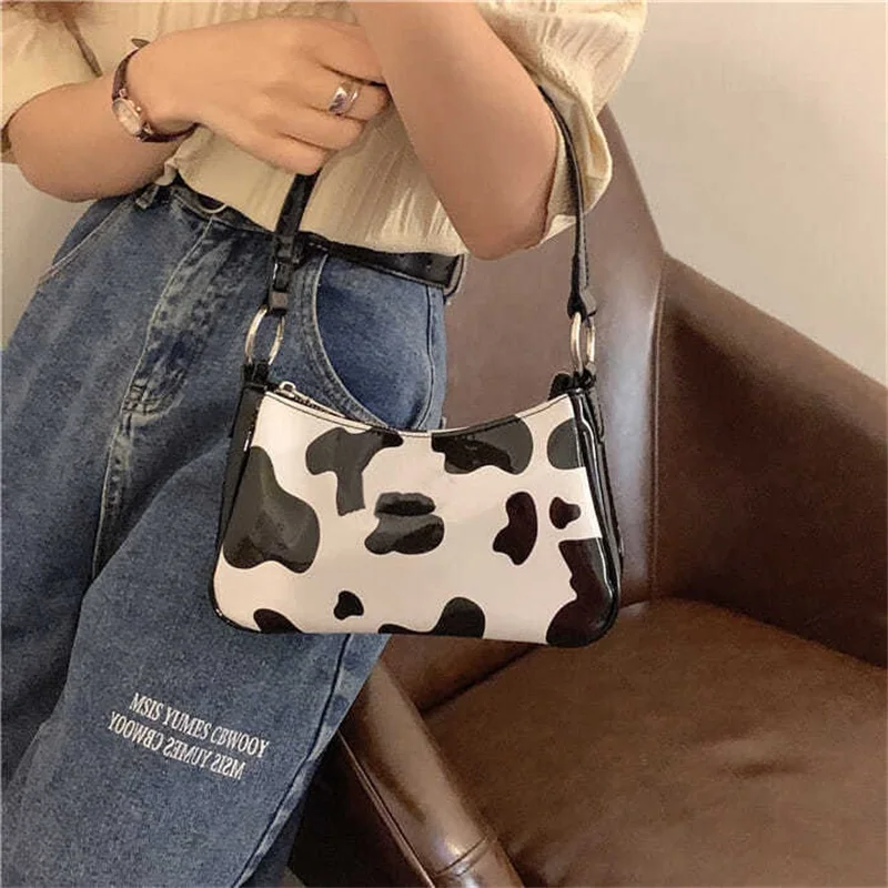 

Women Hand Bag Cute Mini PU Cow Pattern Baguette Spot Zipper Bag Underarm Handbags Fashion Shoulder Bag for Women Day Clutches