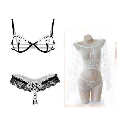 Синий Sexy female sexy open file bare chest rim flower perspective bra set+ embroidery perspective split suit - Цвет: Синий