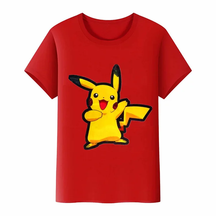 Детская футболка из чистого хлопка с круглым вырезом и яркими огнями Пикачу для