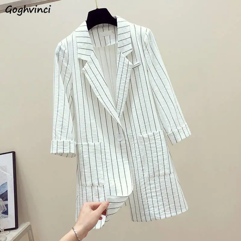 

Blazers Women Three Quarter Sleeve Striped Thin Summer Sun-proof Fashion Womens Outwear Loose Slender Office Leisure Elegant New