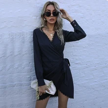 Mini Dress Patchwork Long Sleeve V-neck Elegant Dresses For Women 2022 Irregular Evening Party Dress (1)