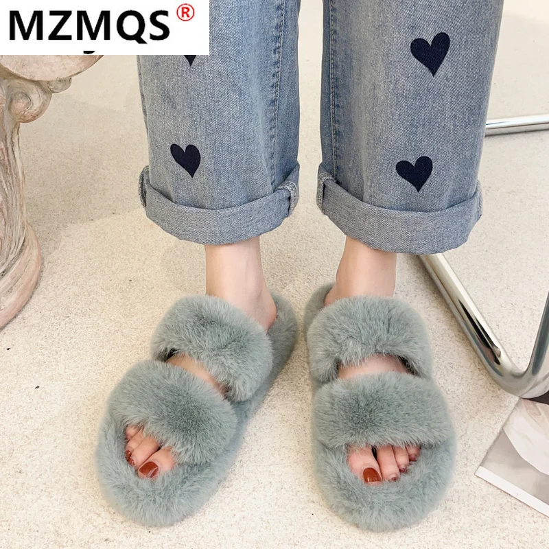 

Faux Fur Home Slippers Fluffy Women Slides Comfort Furry Flat Sandals Female Cute Slippers Shoes for Woman Indoor Flip Flops