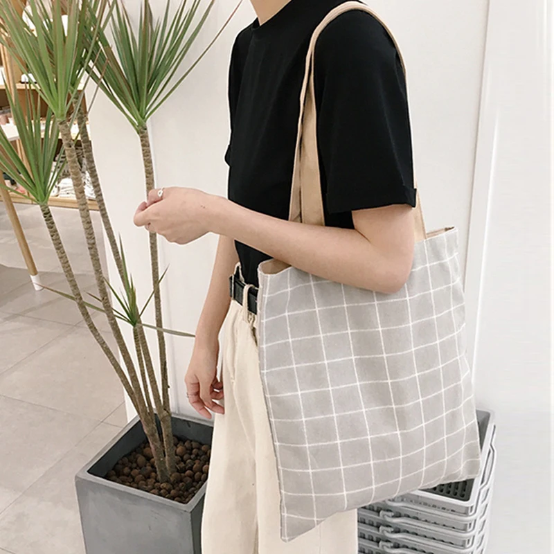 

Canvas Plaid Women Shoulder Bag Female Cotton Cloth Bag Eco Environmental Shopping Bag Girl Simple Literary Checked Handbag Tote