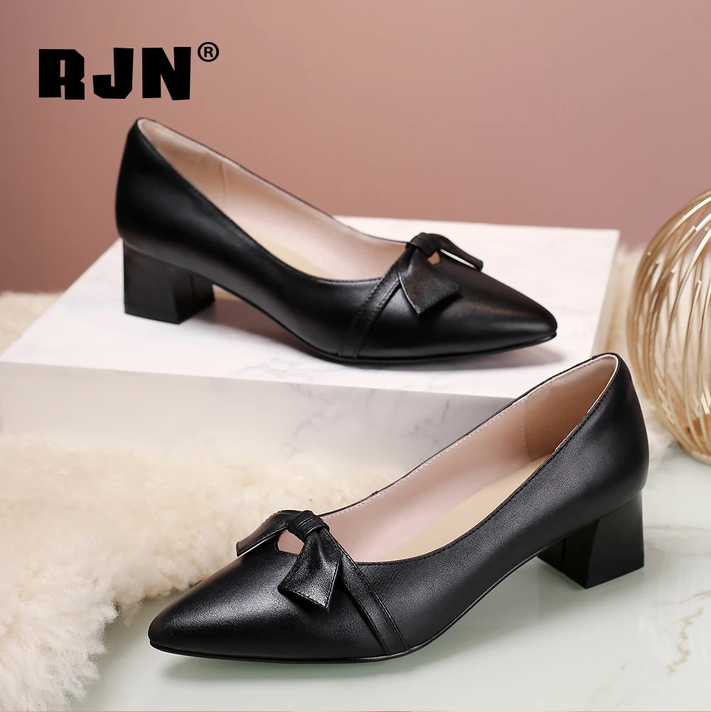 

RJN New Autumn Women's Shoes High-quality leather Thick heel Office Lady Pumps Fashion Comfortable Pointed Bow Women Pumps RO216