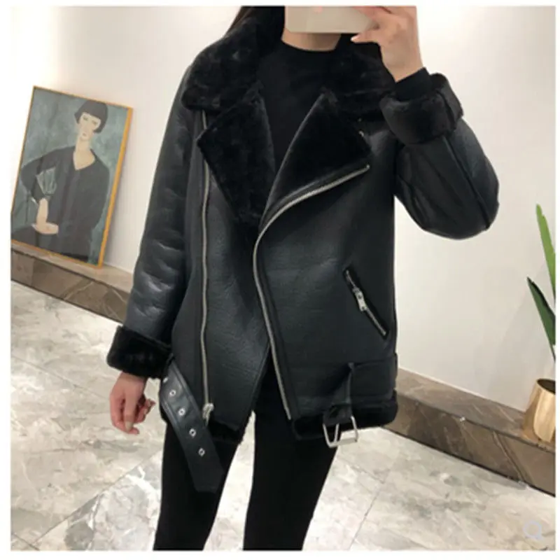

Women beige fur faux leather jacket coat with belt turn down collar Ladies 2019 Winter Thick Warm Oversized Coat
