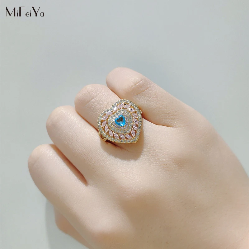 

MFY Romantic Heart Love Shaped Crystal Open Copper Ring Inlaid Blue Pink White Zircon Rhinestone for Women Female Jewelry