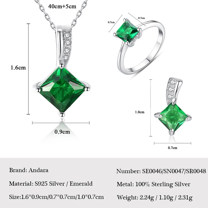 Комплект ювелирных изделий из серебра 100% пробы с квадратным зеленым драгоценным
