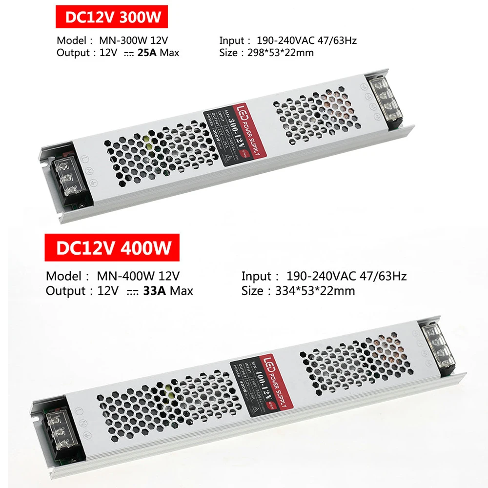 Ультра тонкий светодиодный Питание DC 12V LED трансформаторы 60W 100W 150W 200W 300W 400W AC190-240V драйвер для Светодиодный полоски
