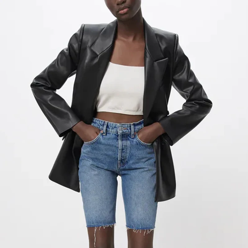 

ZA Autumn Women Leather Jacket Coat 2021 Oversized Single Breasted Long Sleeve Cotton Jacket Ladies Casual Outfits