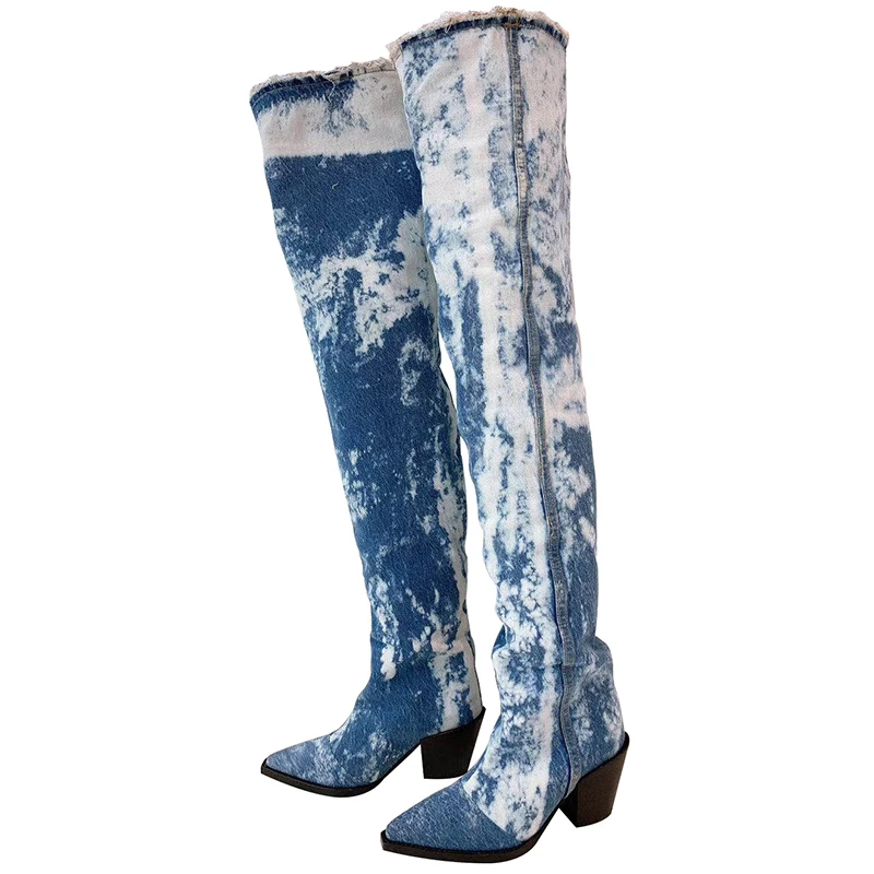 

Long Boots Women Over The Knee Summer New Thick Heel Pointed High Boots Blue Sky White Clouds Cowboy Boots Women Retro Shoes