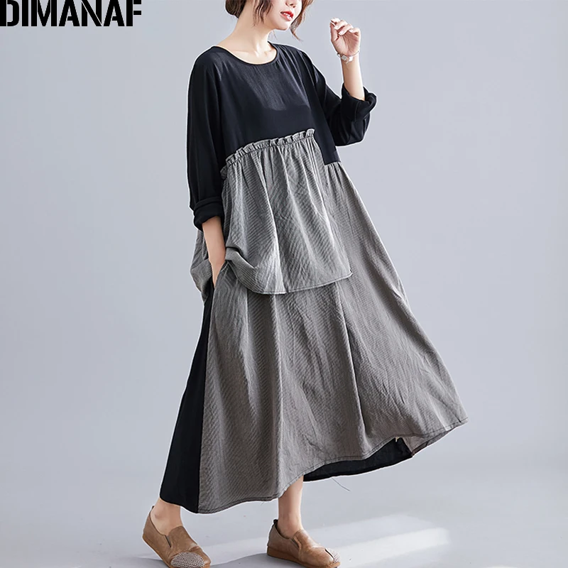 YI96953CN-hei DIMANAF, женское платье, винтажное, размера плюс, осень, Vestidos, хлопок, лен, пэчворк, в полоску, женское, Elegnat, женское платье с длинным рукавом - Цвет: YI96953CN-hei