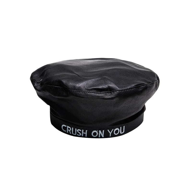 

and winter letter Beret casual versatile personality leather painter hat female British flat top bud hat men's fashion