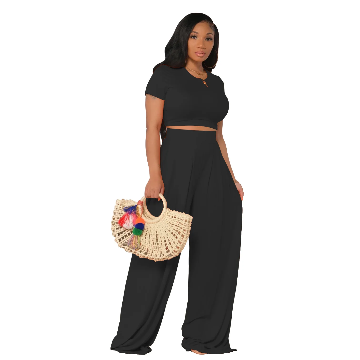 

RStylish 2021 Summer New Solid Color Short Sleeve Crop Tops Wide Leg Pants Suit For Women Casual Two Piece Set Outfit Loungewear