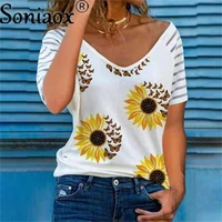 women short sleeve t shirt summer casual v neck tshirt butterfly floral printed loose t shirt lady tops