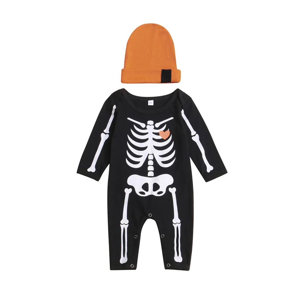 

Baby Boy Halloween Skeleton Printed Romper with Hat Cap 0-18M Newborn Infant Festival Holiday Casual Cotton Jumpsuit Outfits