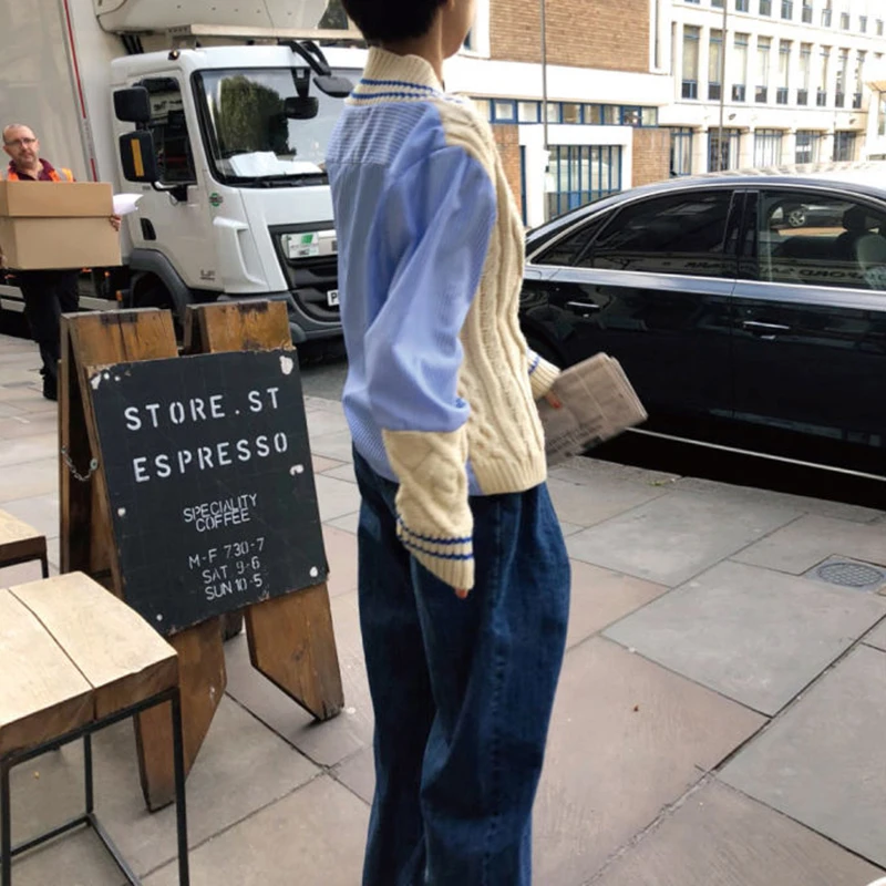 TWOTWINSTYLE, лоскутный хит, цветной свитер для женщин, v-образный вырез, длинный рукав, корейский пуловер, женская мода, осень, негабаритный, новинка