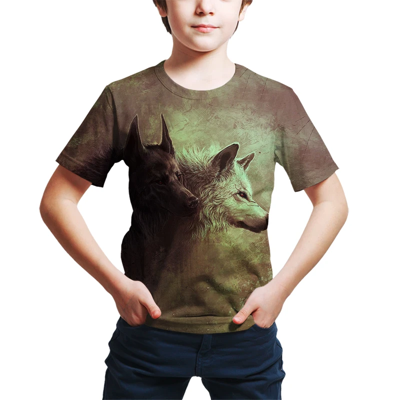 

4-14 Years Children Animals Wolf Graphic Print Boys Girls T Shirt 2021 Summer Kids Clothes Short Sleeve O-Neck Polyester Tops