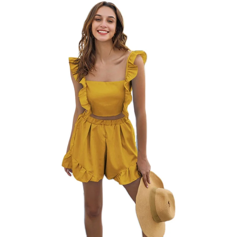 

women summer fashion the new solid color vest shorts two-piece dress backless dress
