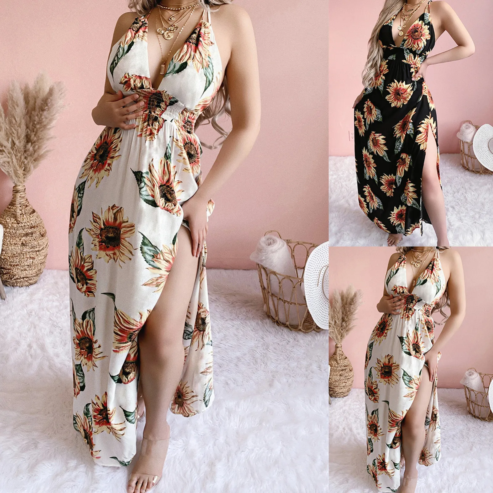 

Women Summer Bohemian Casual Floral Dress Fashion Female Print Maxi Cocktail Beach Holiday Sundress Vintage Sexy Backless Skirts