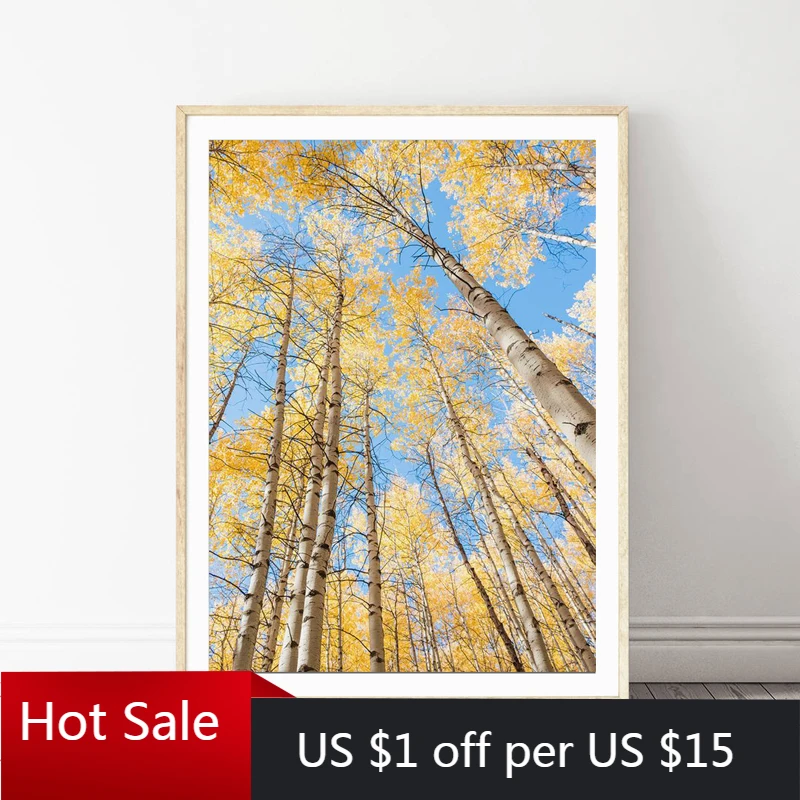 Желтый плакат с изображением березы Осенний пейзаж живопись на холсте
