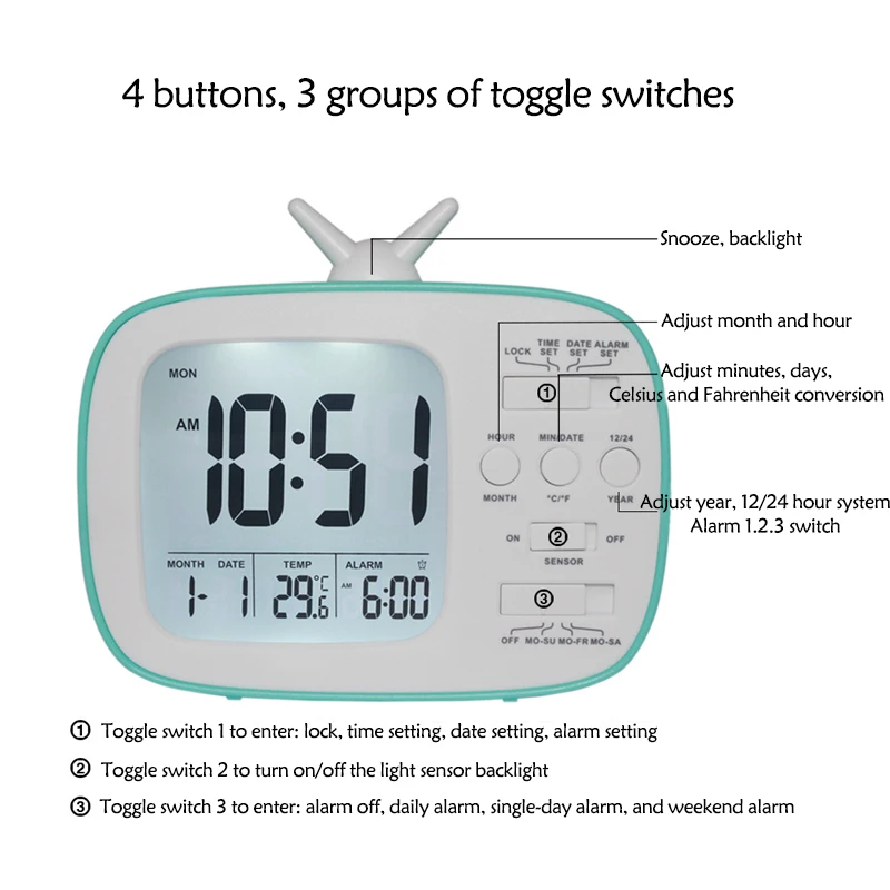 

New Kids Digital Alarm Clock Night Light Snooze Temperature Clocks Students To Wake Up At Bedroom Batteries Operated Alarm Clock