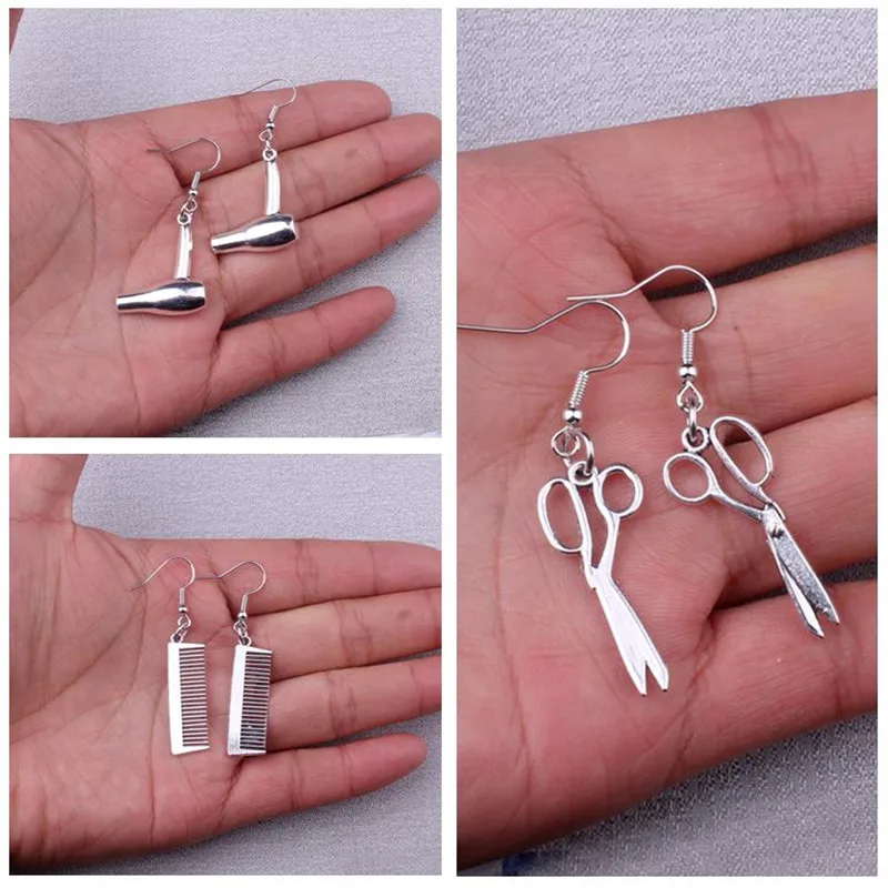 

Античное серебро новый фен ножницы Расческа декоративные серьги парикмахеров подарок серьги фен Асимметричная серьга di226