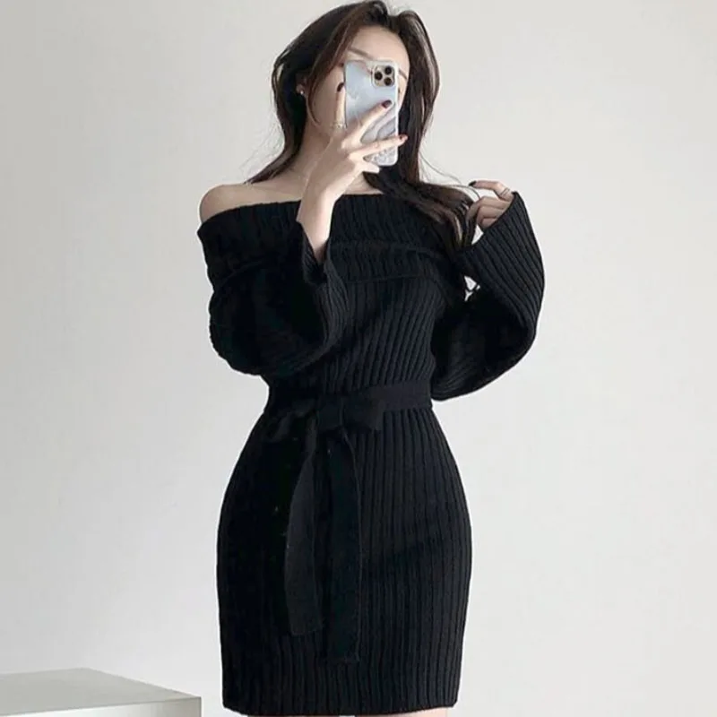 

ZAWAHIKI Korean Elegant Tender Knitted Dress Autumn Sexy Off Shoulder Slash Neck Bandage Mini Vestidos Long Sleeve Robe Femme
