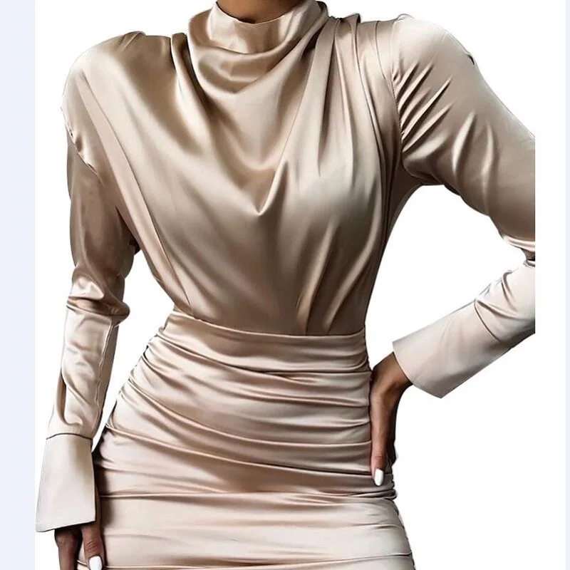 2019 короткое платье-футляр с воротником-стойкой и длинным рукавом женское