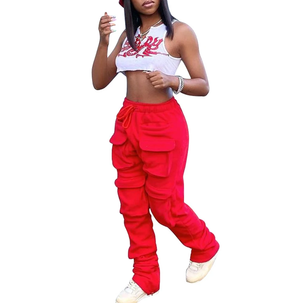 

2021 Spring Red Stacked Sweatpants For Women Plus Size Clothing High Waist Joggers Streetwear Cargo Pants Trousers