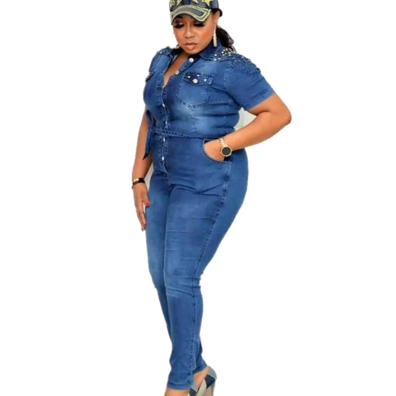 

2021 Women Short Sleeve Bodycon Jumpsuits Lady High Waist Stretch Denim Long Bodysuit Spring Autumn Fashion Leisure Slim Clothes