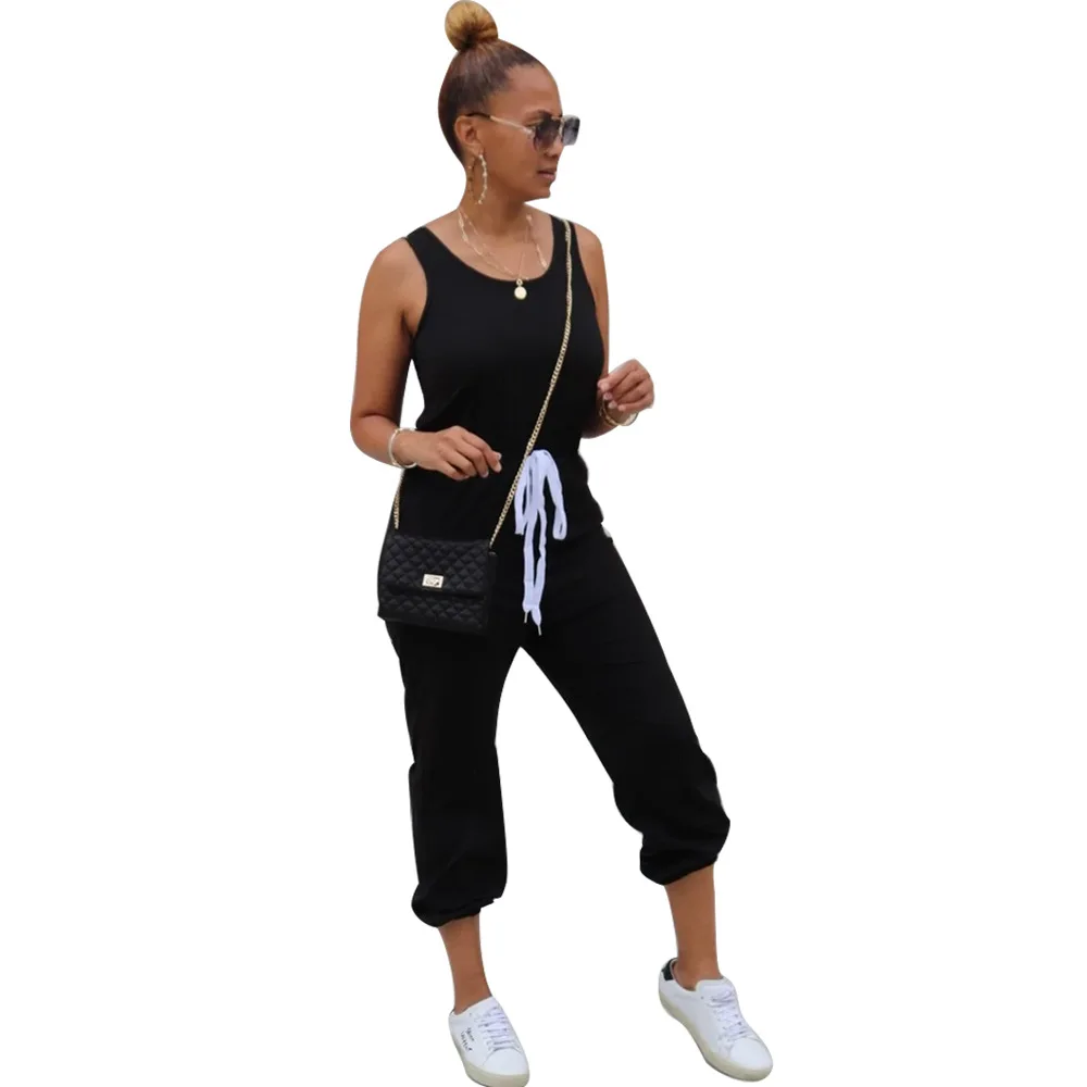

European and American sexy women's hot style sleeveless round neck solid color sporty ladies jumpsuit