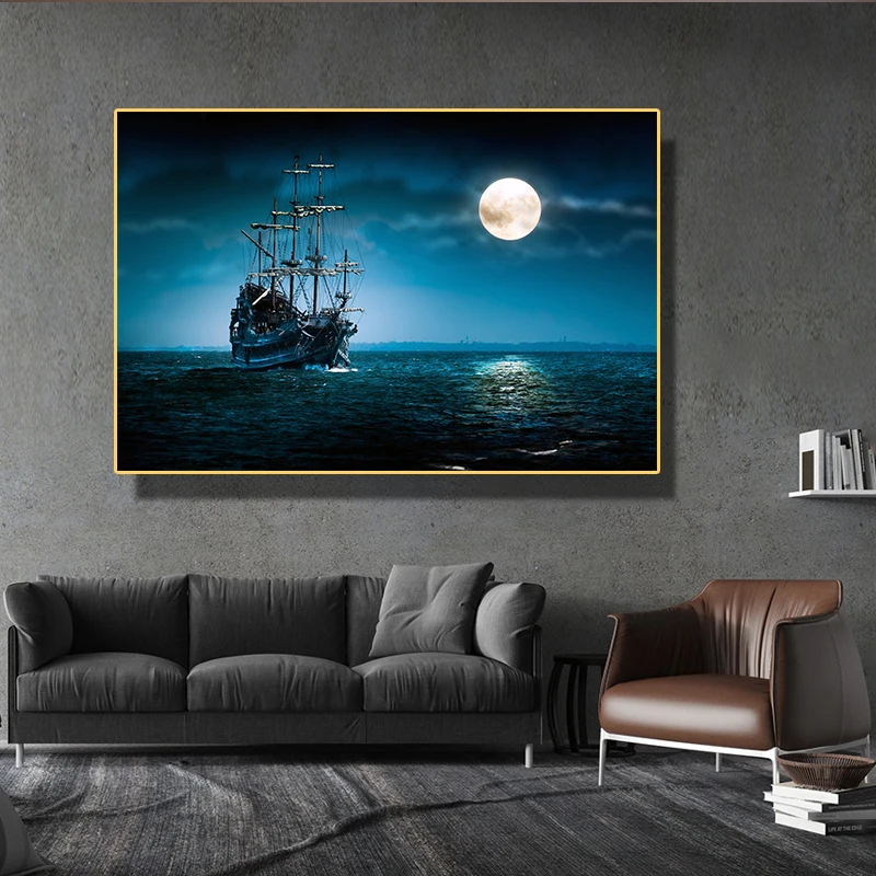 Художественное полотно Луна корабль парусный по морю современное искусство для