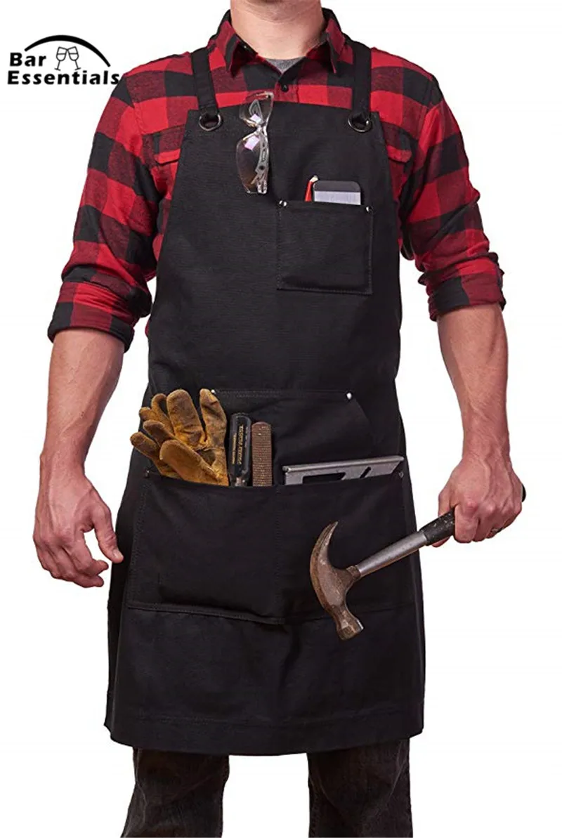 Canvas Work Apron with Tool Pockets Black for Bartender, Tattoo, Barista, Bartender, Baker, Server Apron