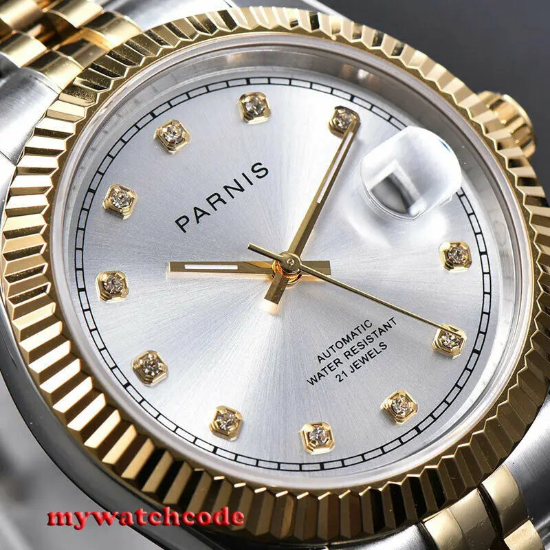 Мужские автоматические часы 39 5 мм PARNIS с серебристым циферблатом желтым и золотым