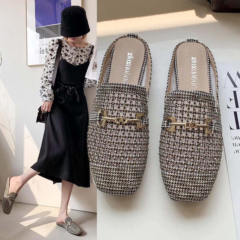 Women'S Slippers 2021 New Thin Heel Mules Fashion Outdoor Casual Woven Slip-On Sandals Size 35-40 Wholesale