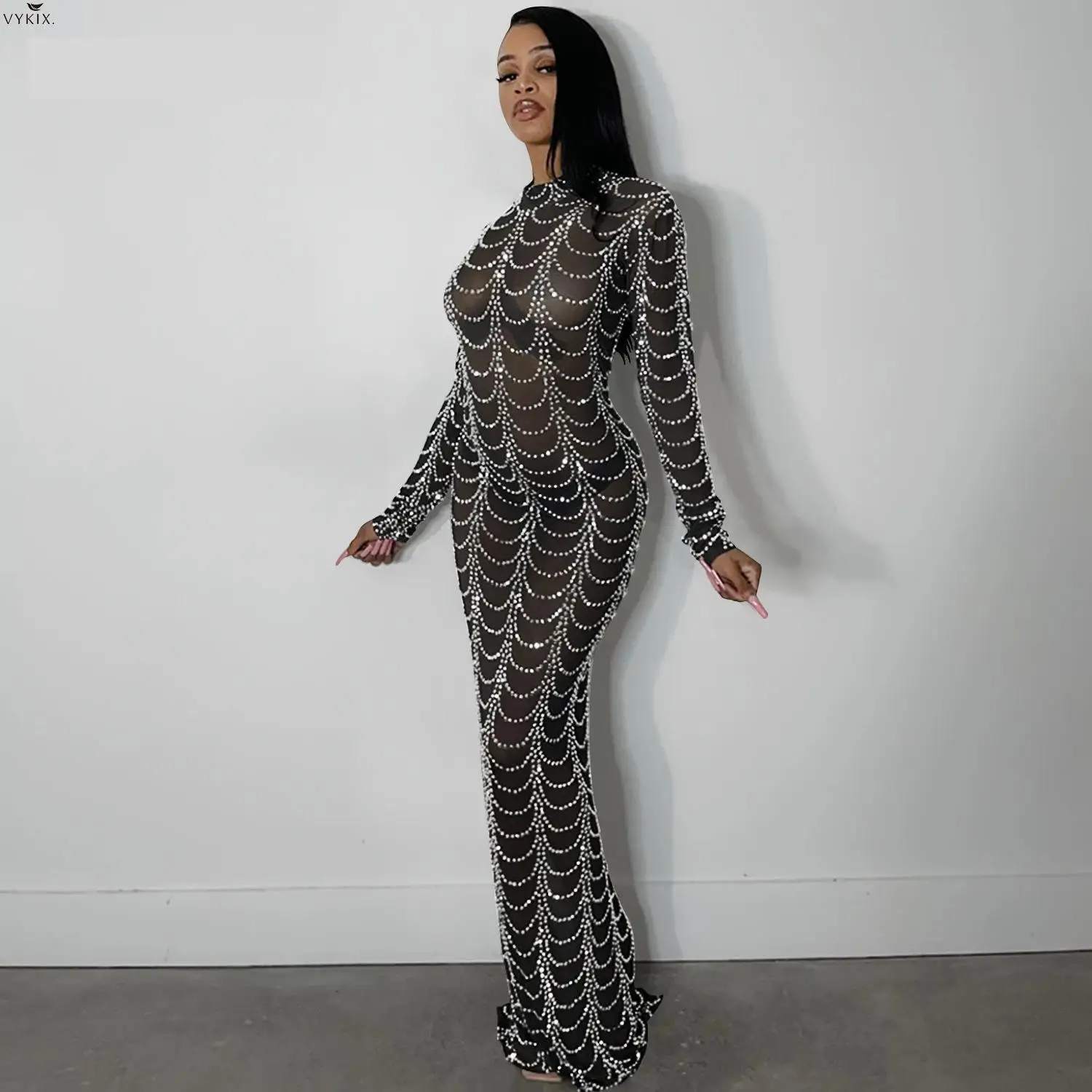 

Korean Women Diamonds Hot Drill Striped Mesh See Though Long Sleeve Bodycon Midi Maxi Dress Sexy Club Skinny Party Long Dresses