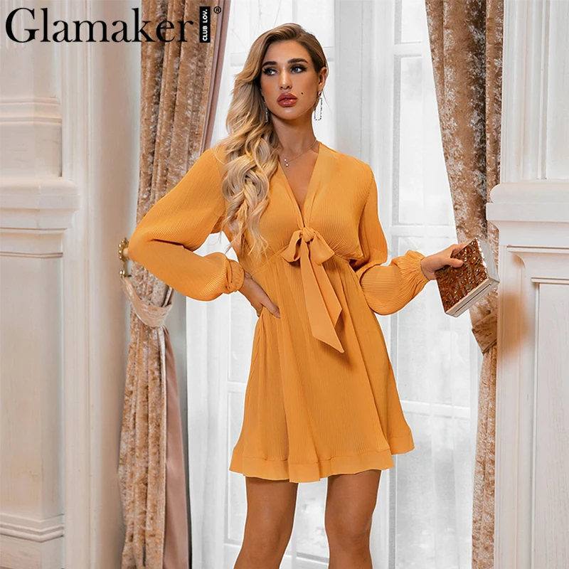Женское шифоновое короткое платье Glamaker элегантное желтое плиссированное с v