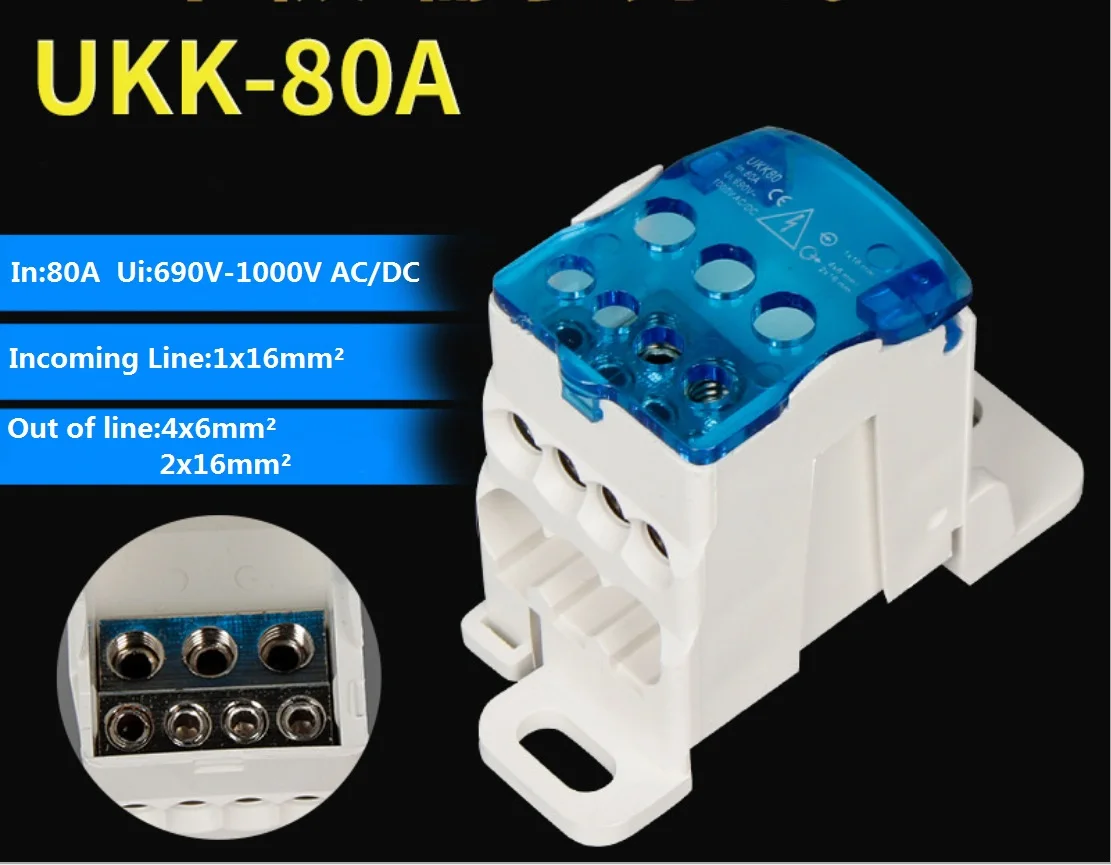

UKK-80A Din Rail Distribution Box Terminal Block 1 In Many Out Power Junction Box 80A Universal Electric Wire Connector