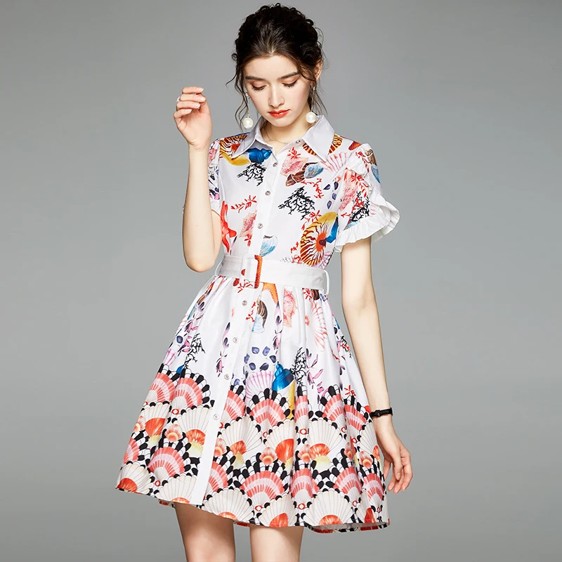 

Женское бальное платье с коротким рукавом, цветное однобортное платье-рубашка с принтом морской звезды и оборками, с поясом, k6502